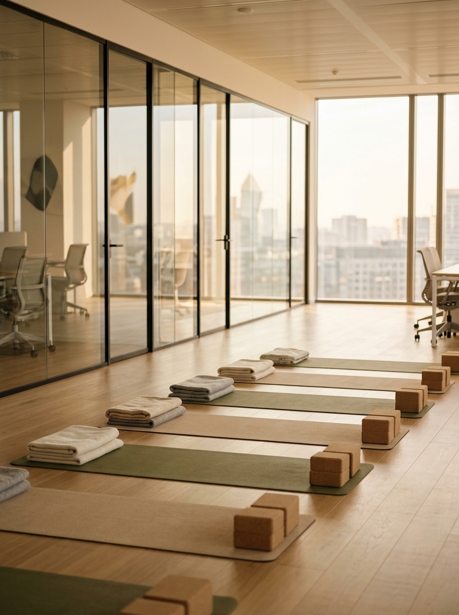 Corporate office space set up with yoga mats for an employee wellness session