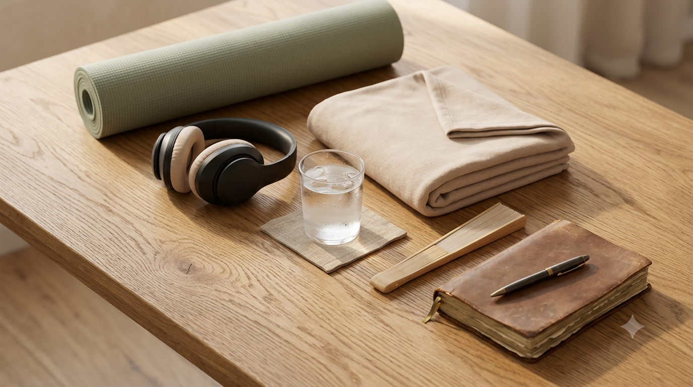 An overhead arrangement of simple nervous system regulation tools including a mat, headphones, cold water, and a journal