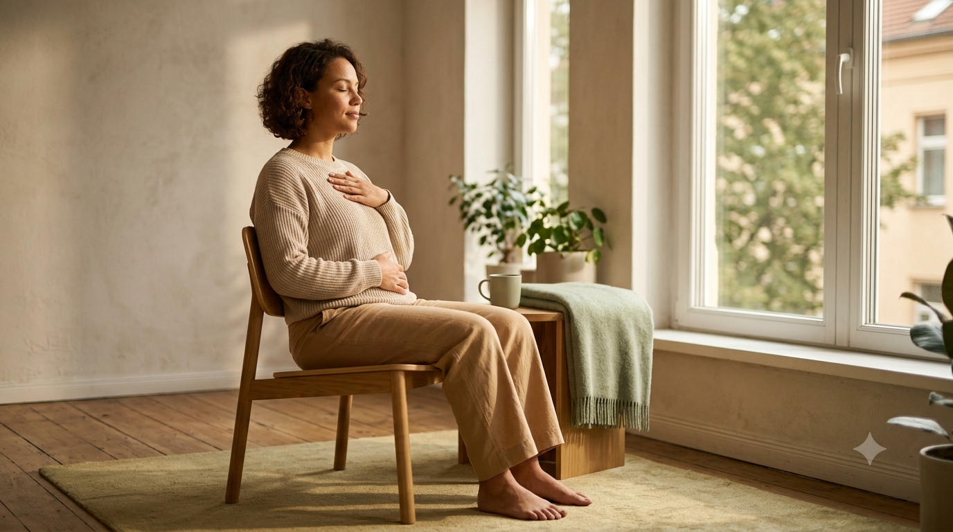 A person seated with a hand on the chest and belly practicing a slow-breathing technique to regulate the nervous system