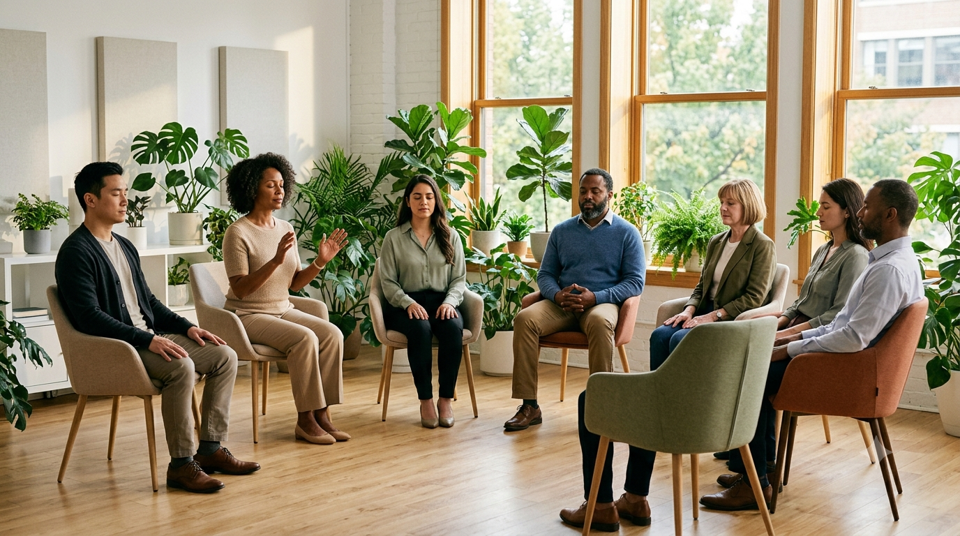 A practitioner leading a grounding nervous system regulation practice with a small group of professionals in a bright, calm room